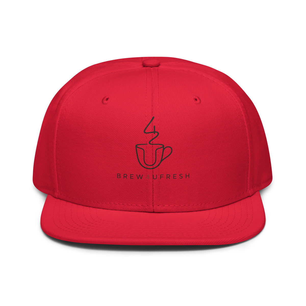 Bright red snapback cap featuring a black logo with a steaming mug and BREW4UFRESH text.
