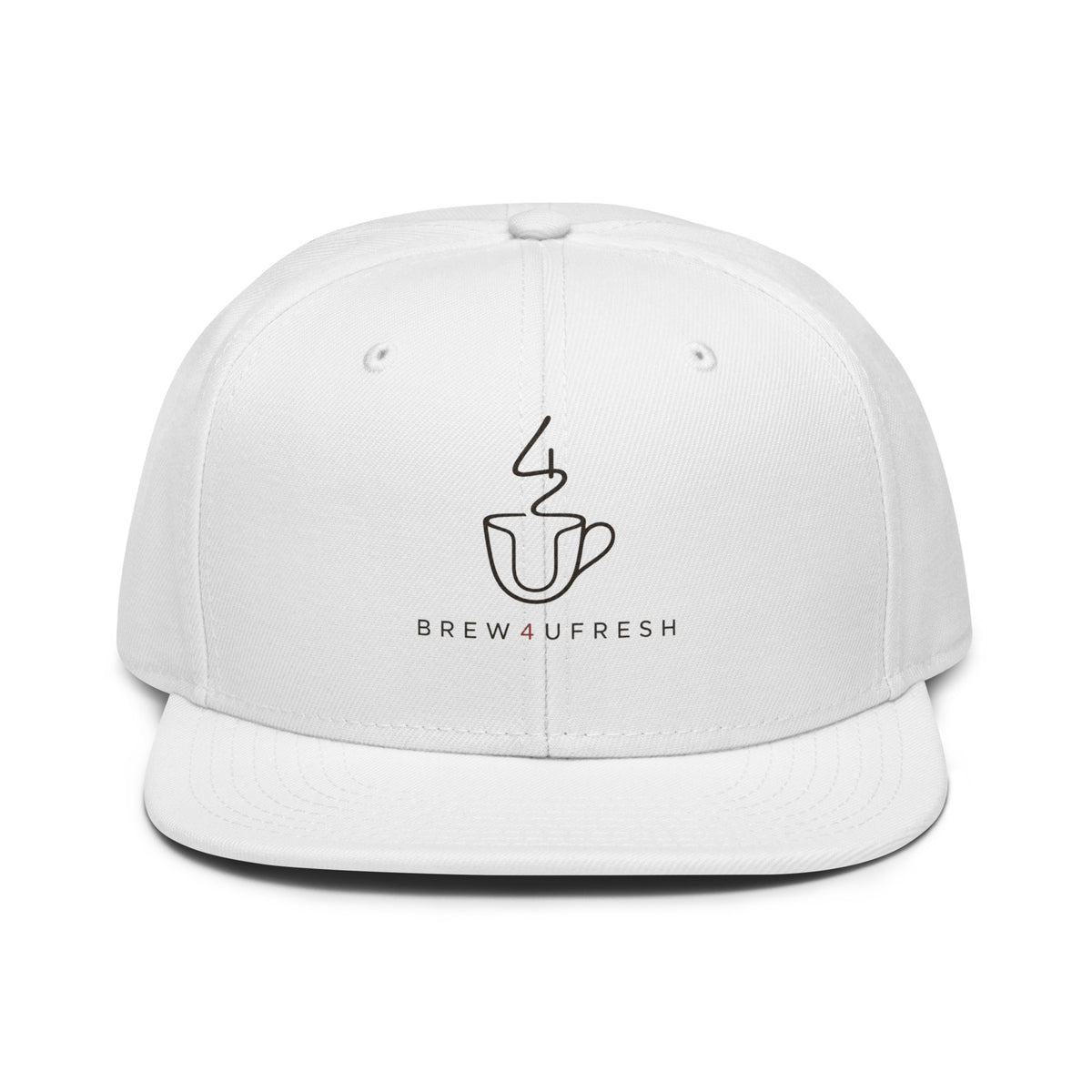 White snapback cap featuring a minimalist line drawing of a coffee cup and the text BREW4UFRESH beneath.