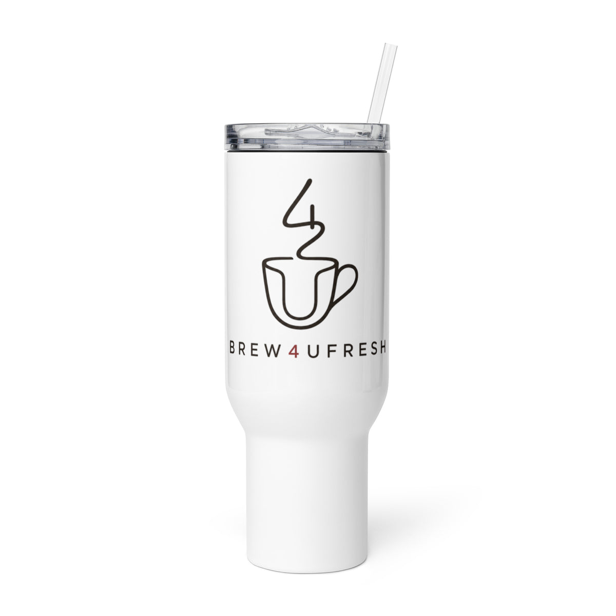 Tall white travel mug with a clear lid and straw, featuring a black line art coffee cup and BREW4UFRESH logo.