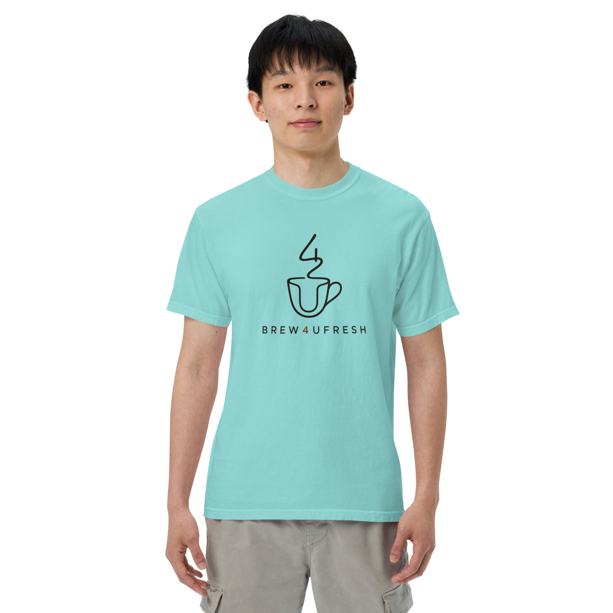 Light blue unisex heavyweight tee made of 100% ring-spun cotton, featuring BREW4UFRESH graphic on the front.