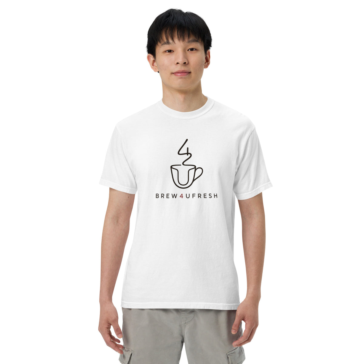Unisex white heavyweight tee made from 100% ring-spun cotton, featuring a black Brew4UFresh logo. Relaxed fit.