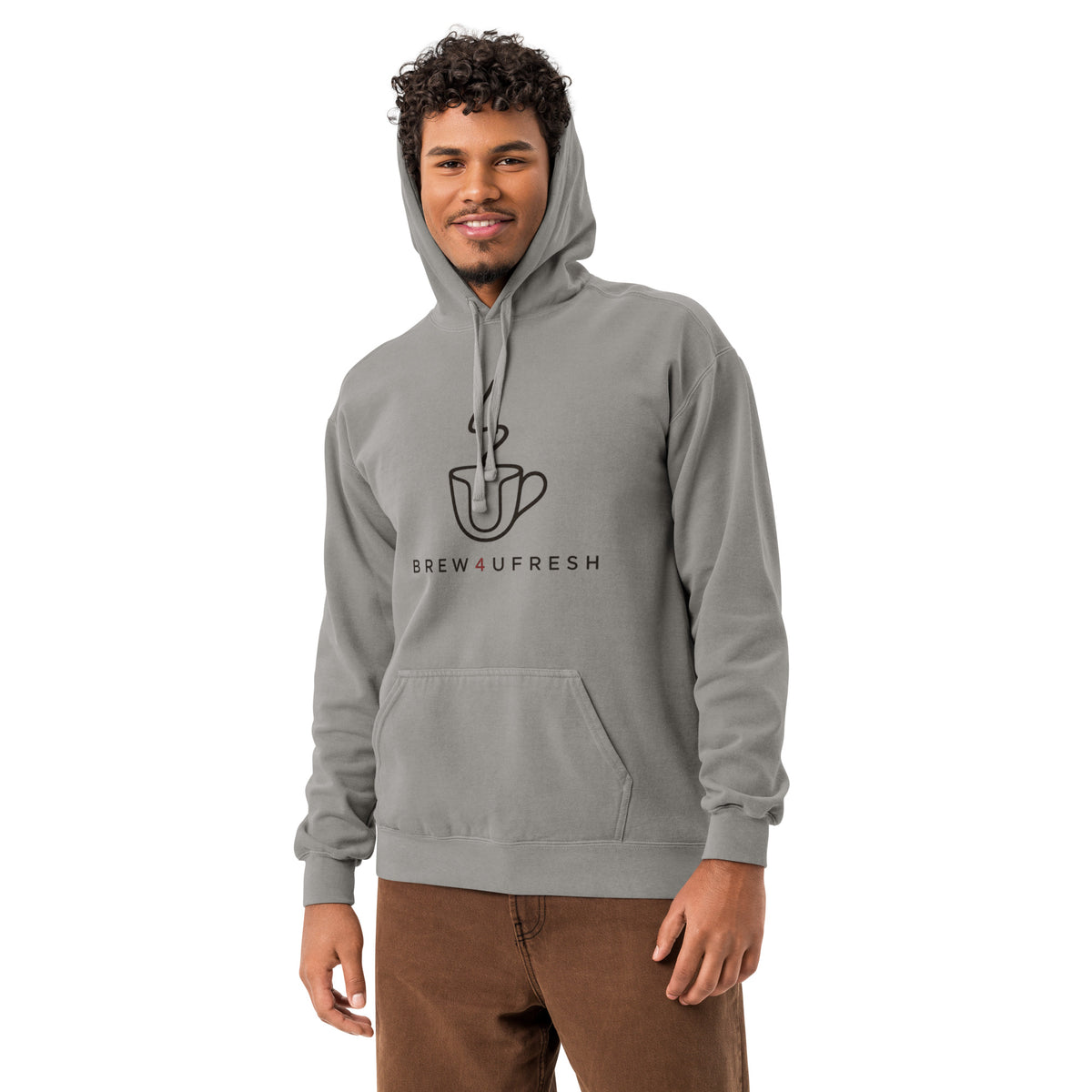 Garment-dyed gray hoodie made from a soft cotton blend, featuring a front pouch pocket and logo design.