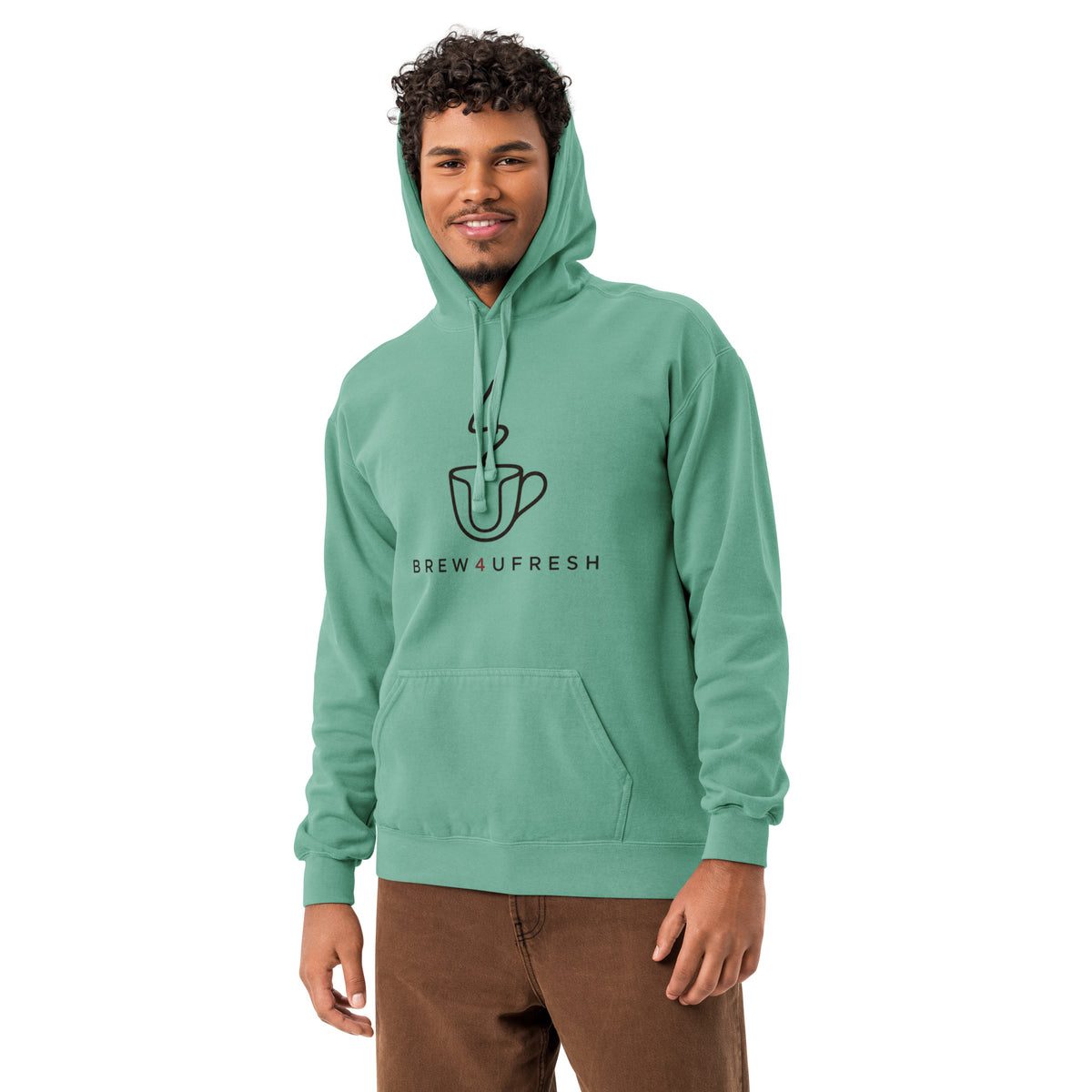 Mint green garment-dyed hoodie made of a soft cotton blend, featuring a front pouch pocket and logo design.