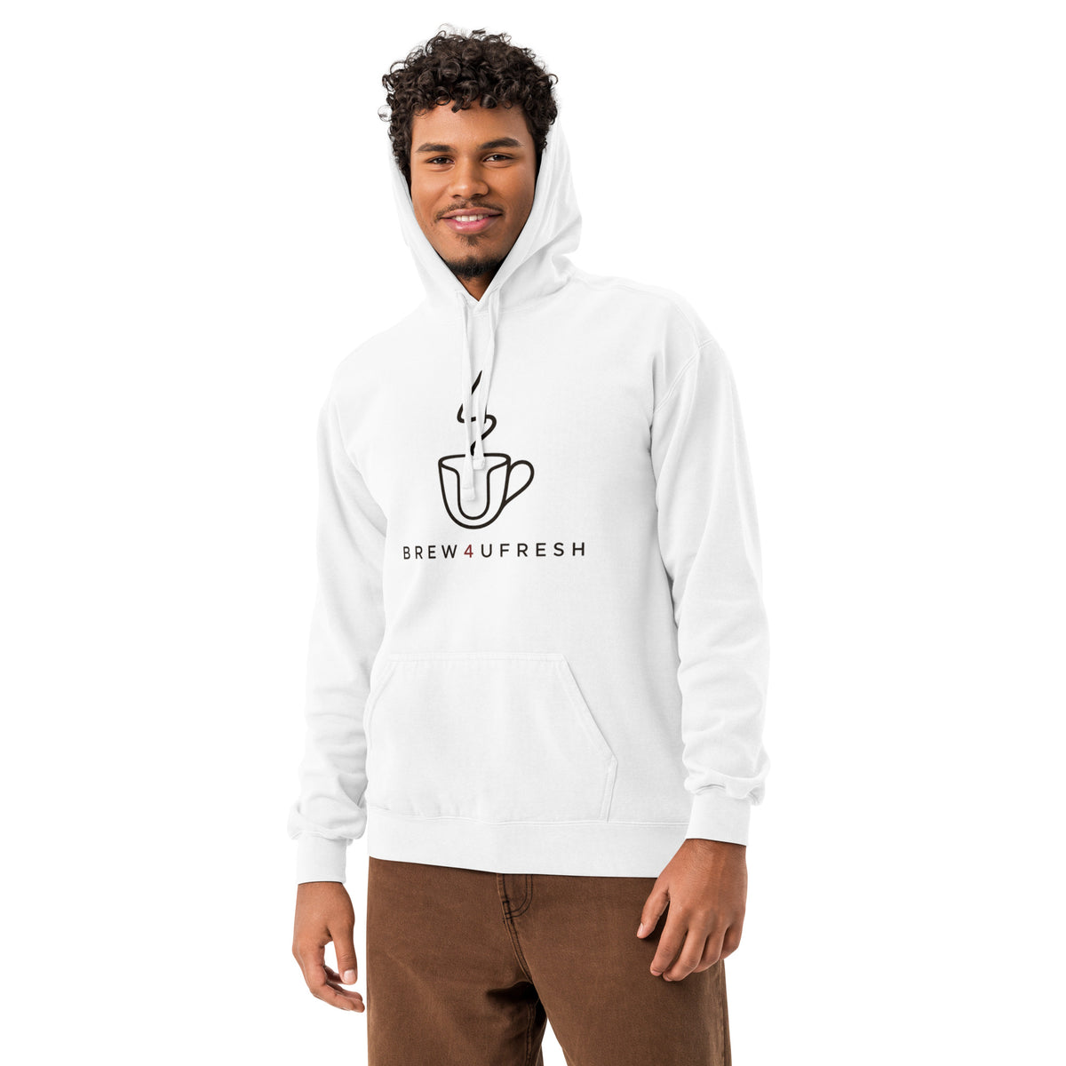 White garment-dyed hoodie featuring a front pouch pocket and the Brew4UFRESH logo, worn by a model with curly hair.