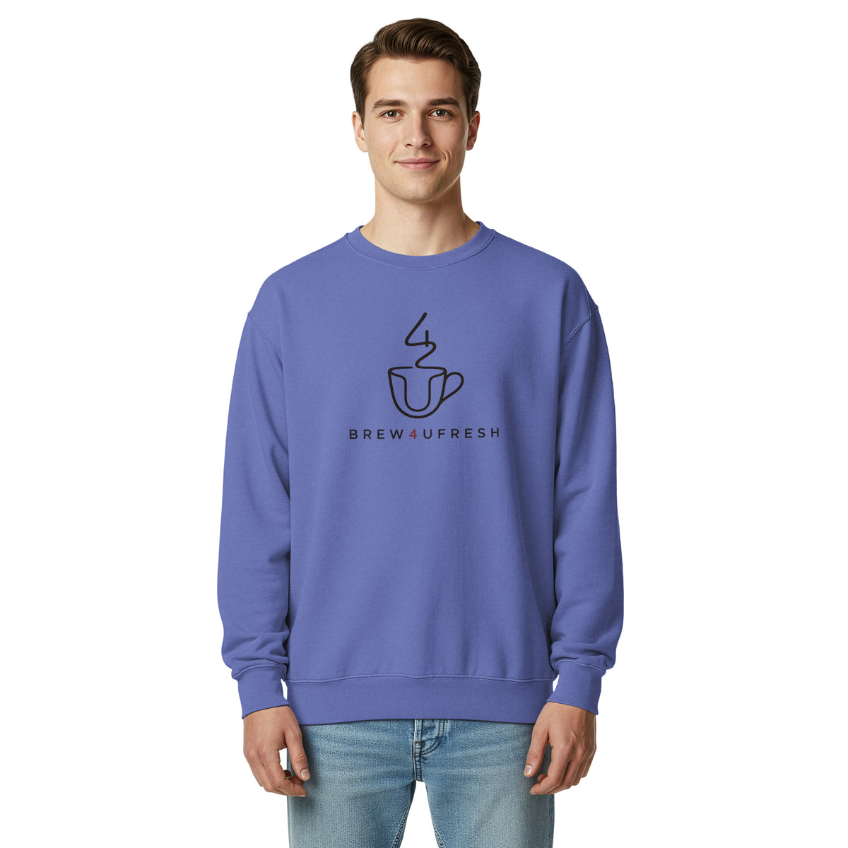 Purple sweatshirt featuring a black coffee cup design and BREW4UFRESH text, worn casually by a model.