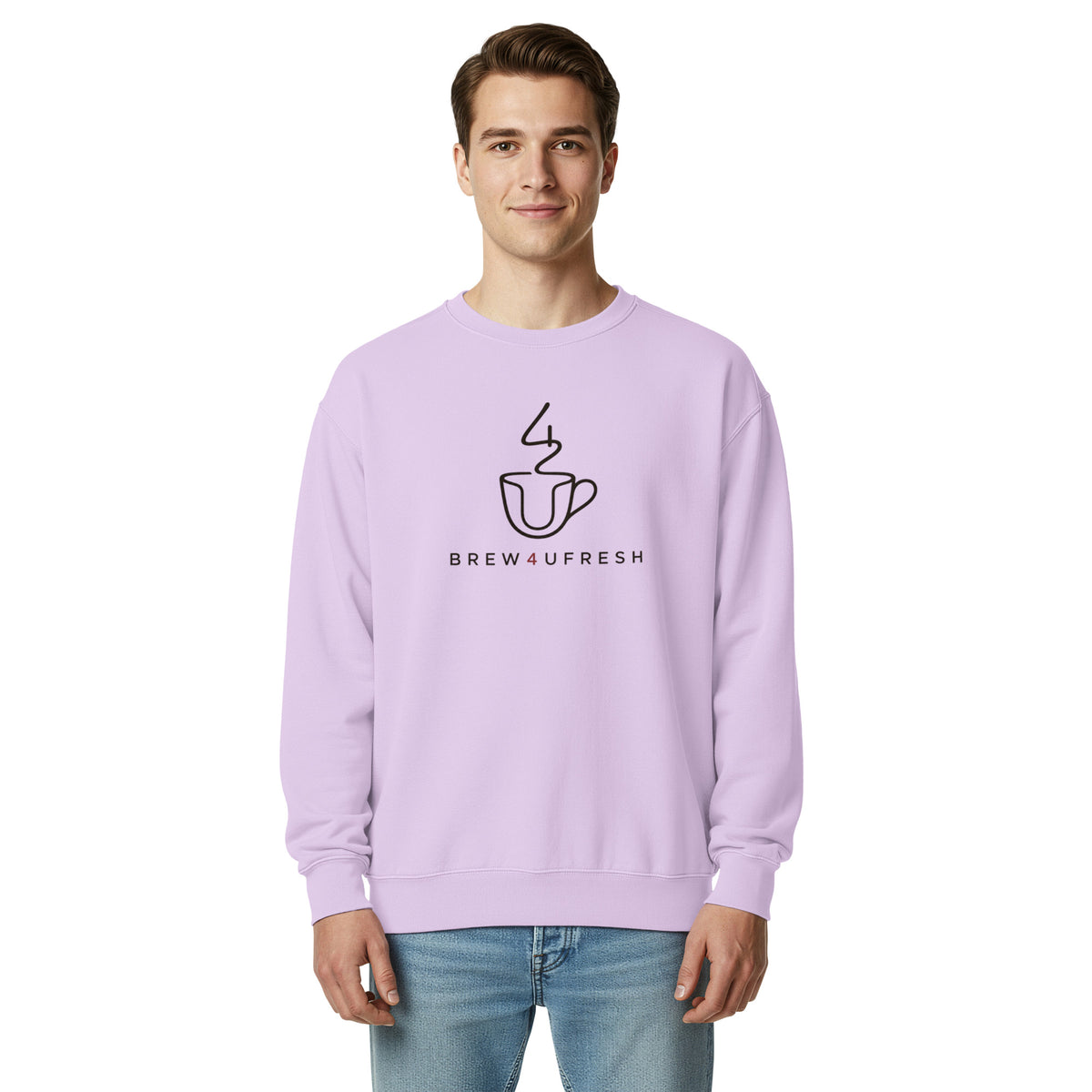 Light purple sweatshirt featuring a black graphic of a coffee cup and the text BREW4UFRESH. Model wears light blue jeans.