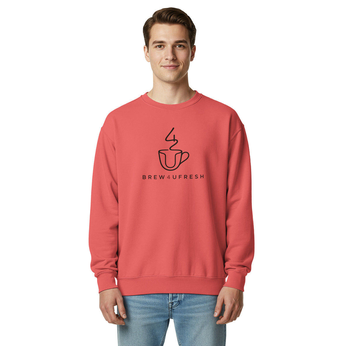 Coral sweatshirt featuring a black Brew4UFresh logo with a steaming coffee cup design, worn by a smiling male model.