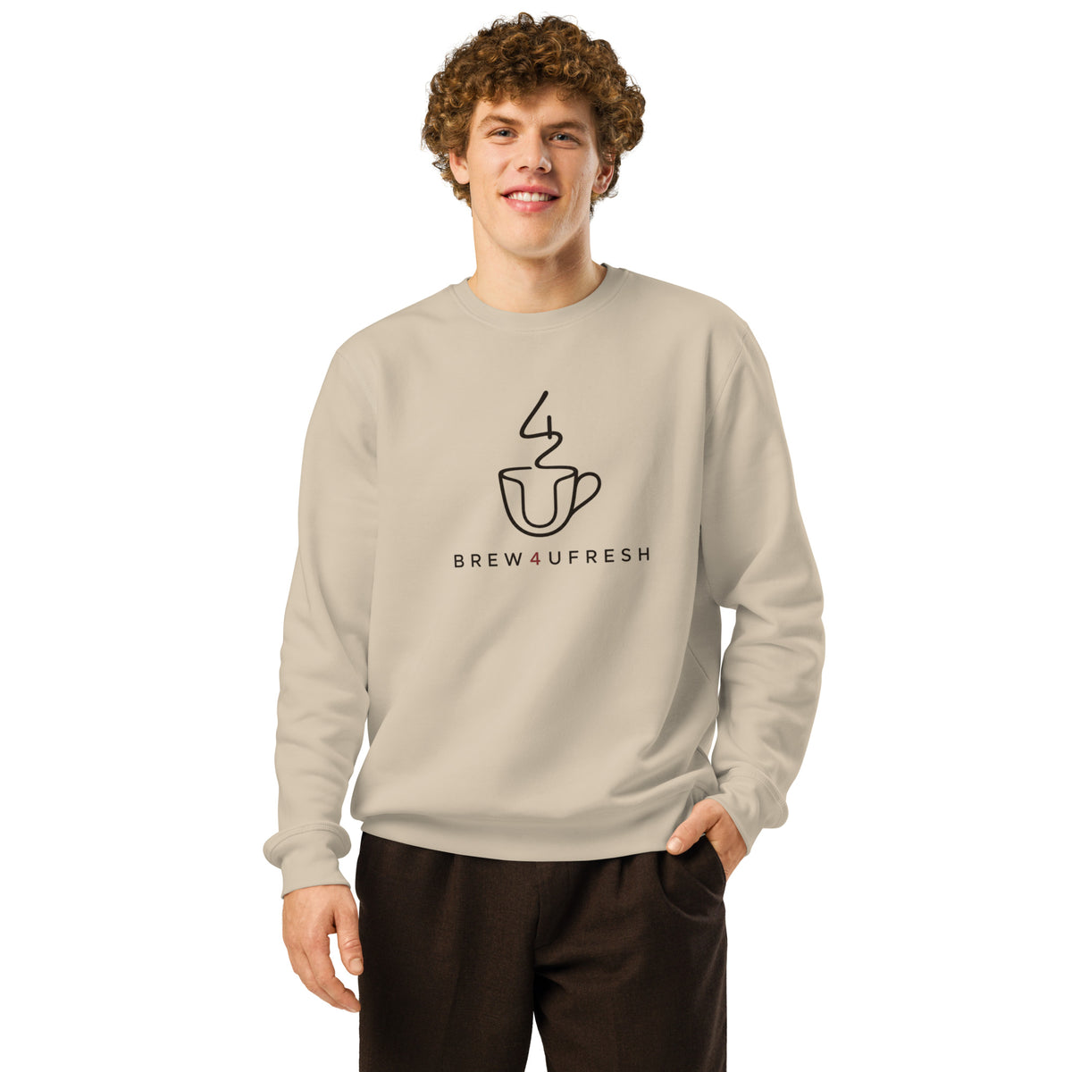 Beige sweatshirt featuring a minimalist black coffee mug logo and BREW4UFRESH text, worn by a smiling male model.