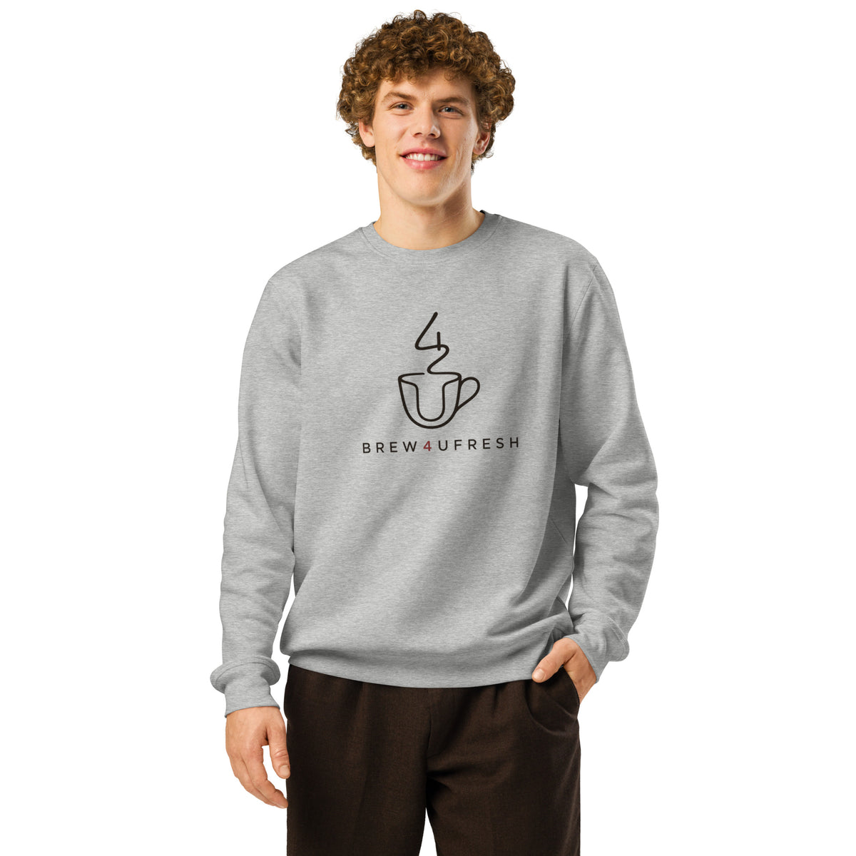 Gray sweatshirt featuring a black line drawing of a coffee cup and the text BREW4UFRESH in a casual fit.