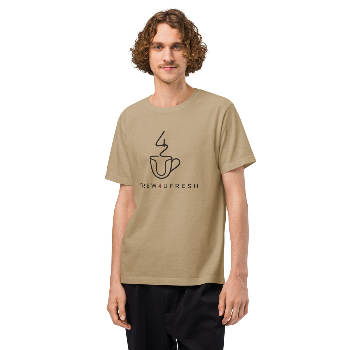 Oversized beige tee made of 100% ring-spun cotton, featuring a black logo design on the front.