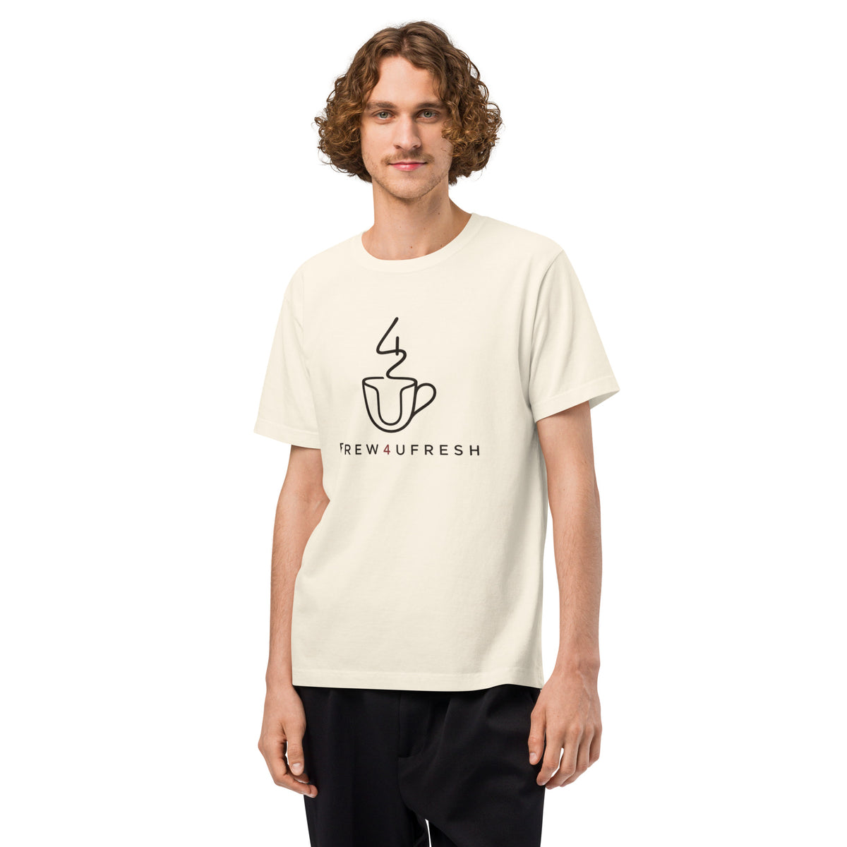 Light cream oversized tee made of 100% ring-spun cotton featuring a black coffee cup graphic and logo.