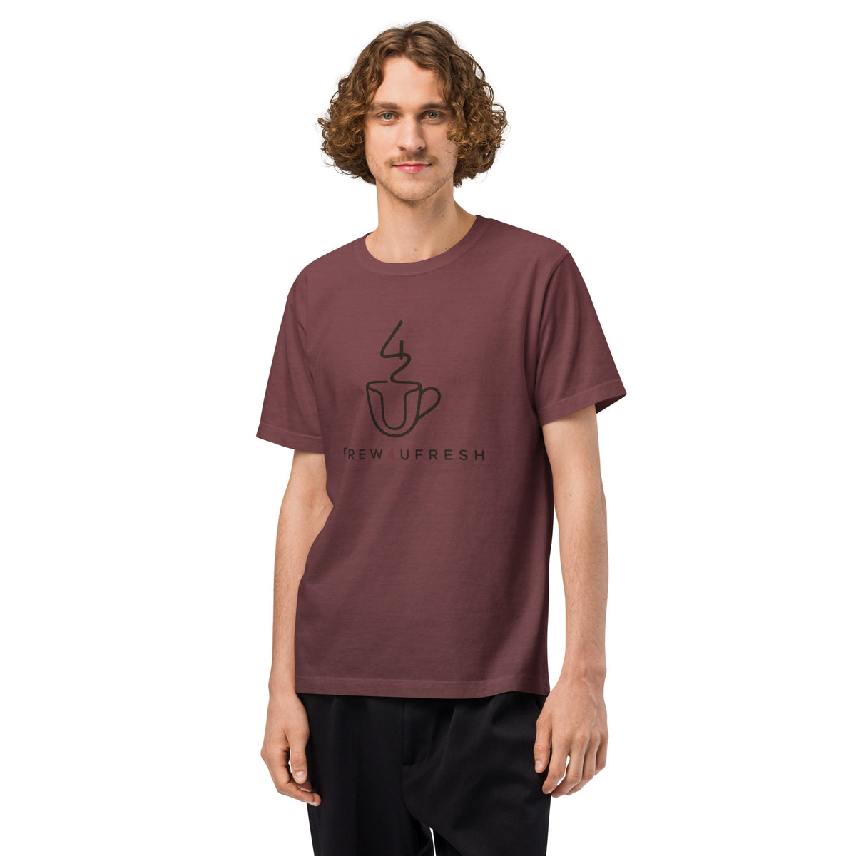 Burgundy oversized tee made of 100% ring-spun cotton featuring a coffee cup graphic on the front.