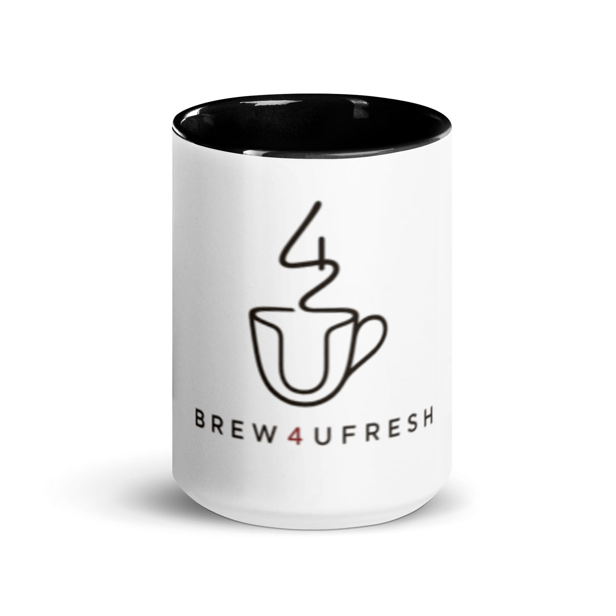 Ceramic mug featuring a black rim and handle, with a logo design on the white body. Holds 11 oz.
