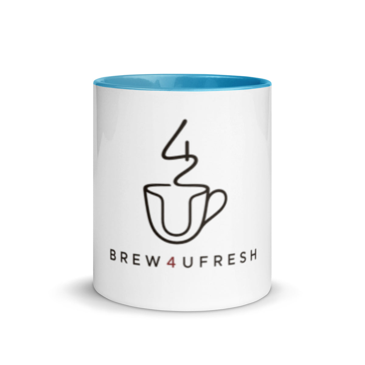 Ceramic mug with a white exterior and turquoise interior, featuring a black logo design with a cup and the text BREW4UFRESH.