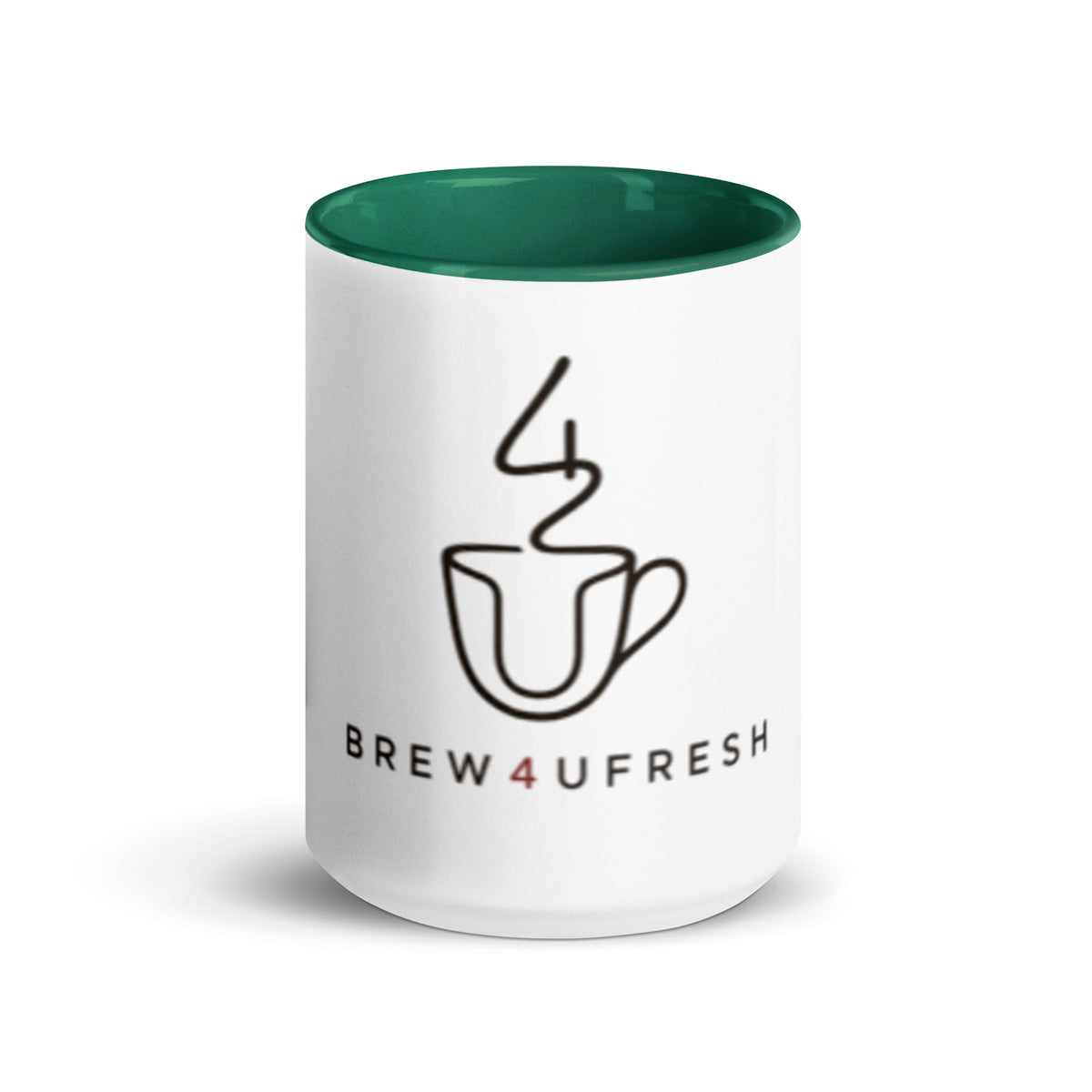 Ceramic mug with a white exterior and green interior featuring the text BREW 4 U FRESH and a coffee cup graphic.