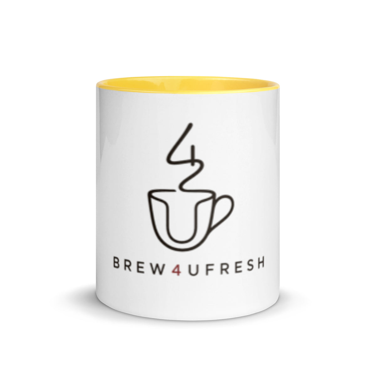 White ceramic mug with a yellow interior, featuring a simple black line drawing of a cup and text BREW4UFRESH.