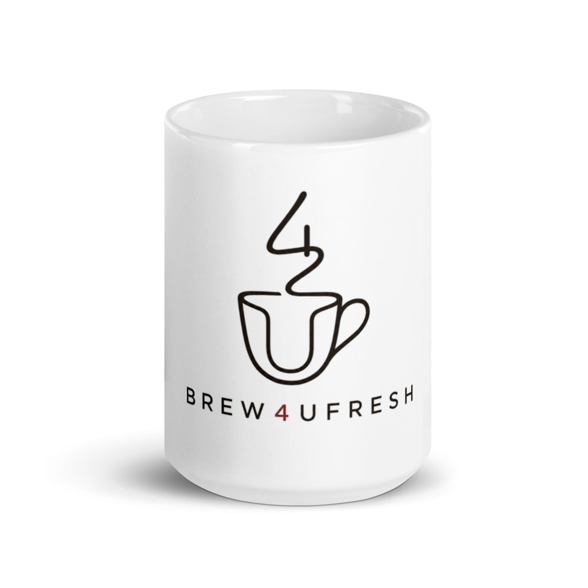 White ceramic mug featuring a minimalist design with the Brew4UFresh logo in black and red.